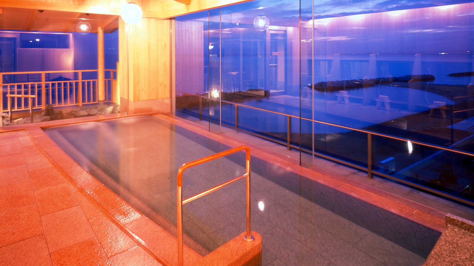 Large communal bath evening view. Fantastic evening view