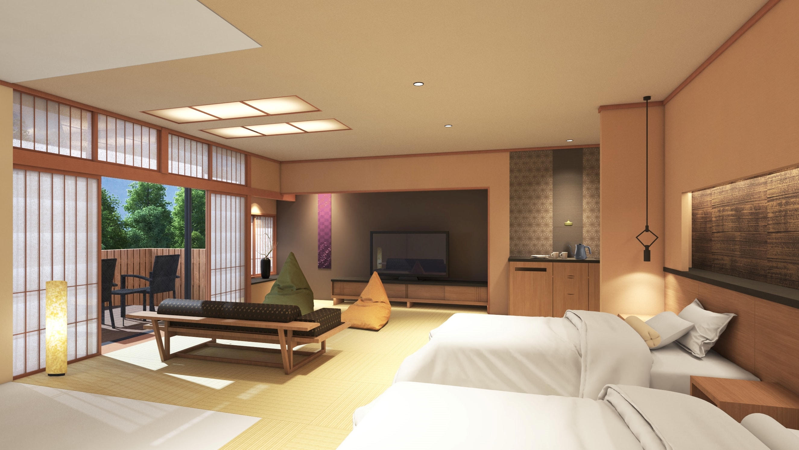 2022年4月更新【带露天浴池的客房】日式现代双床房