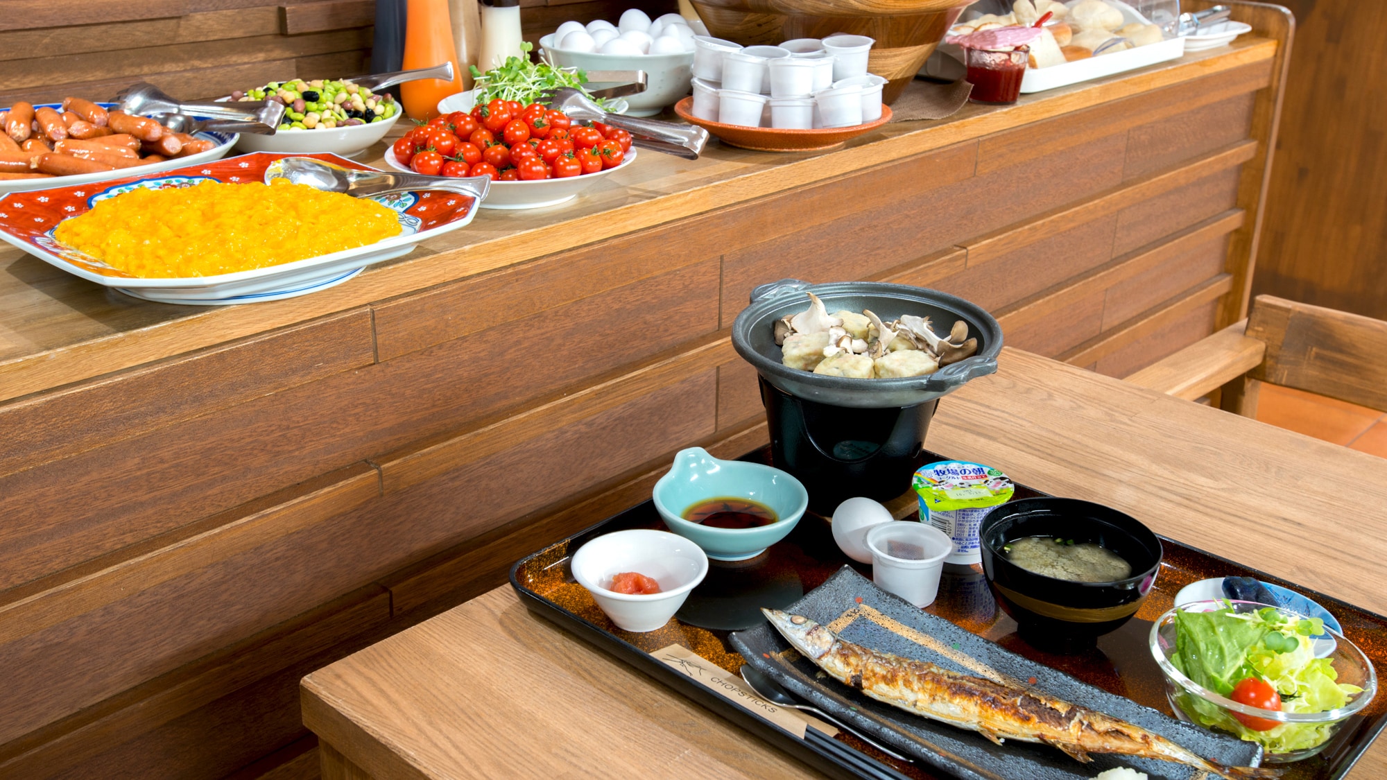 [Breakfast] We offer fish from Shiretoko and a half-buffet! Charge up your energy in the morning☆