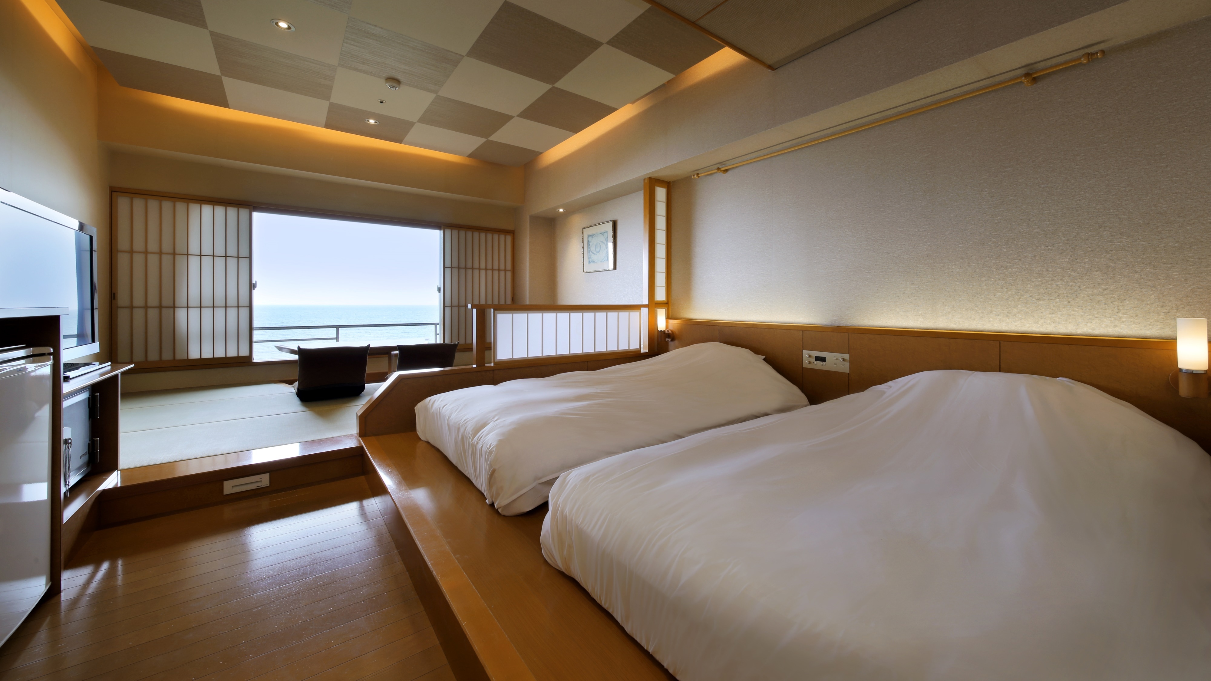Kamar desain (Tempat tidur kembar + salon Kotatsu + Kamar mandi dalam)_Malam