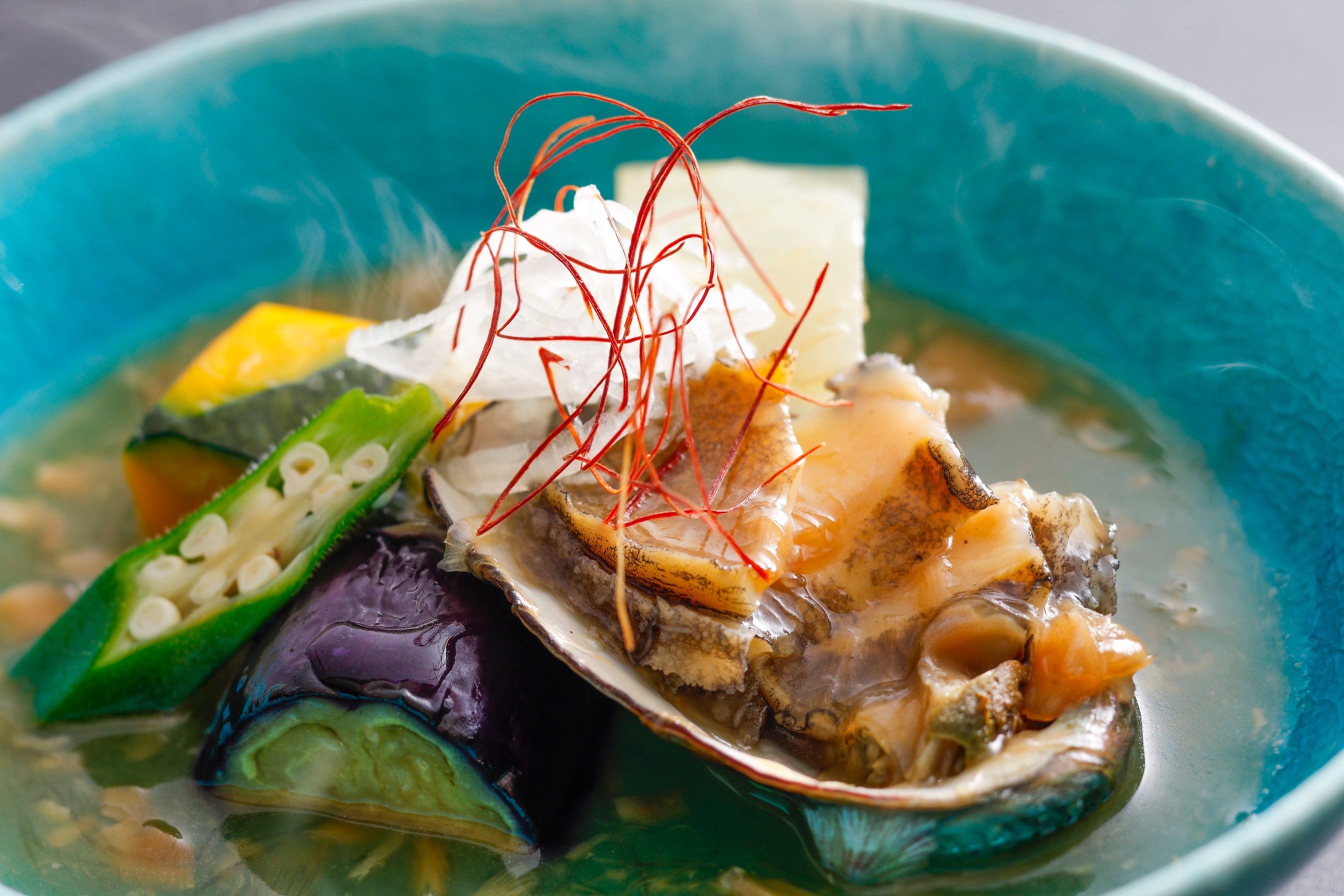 Example of a special kaiseki meal for summer 2026 (Steamed abalone and summer vegetables with shark fin sauce)