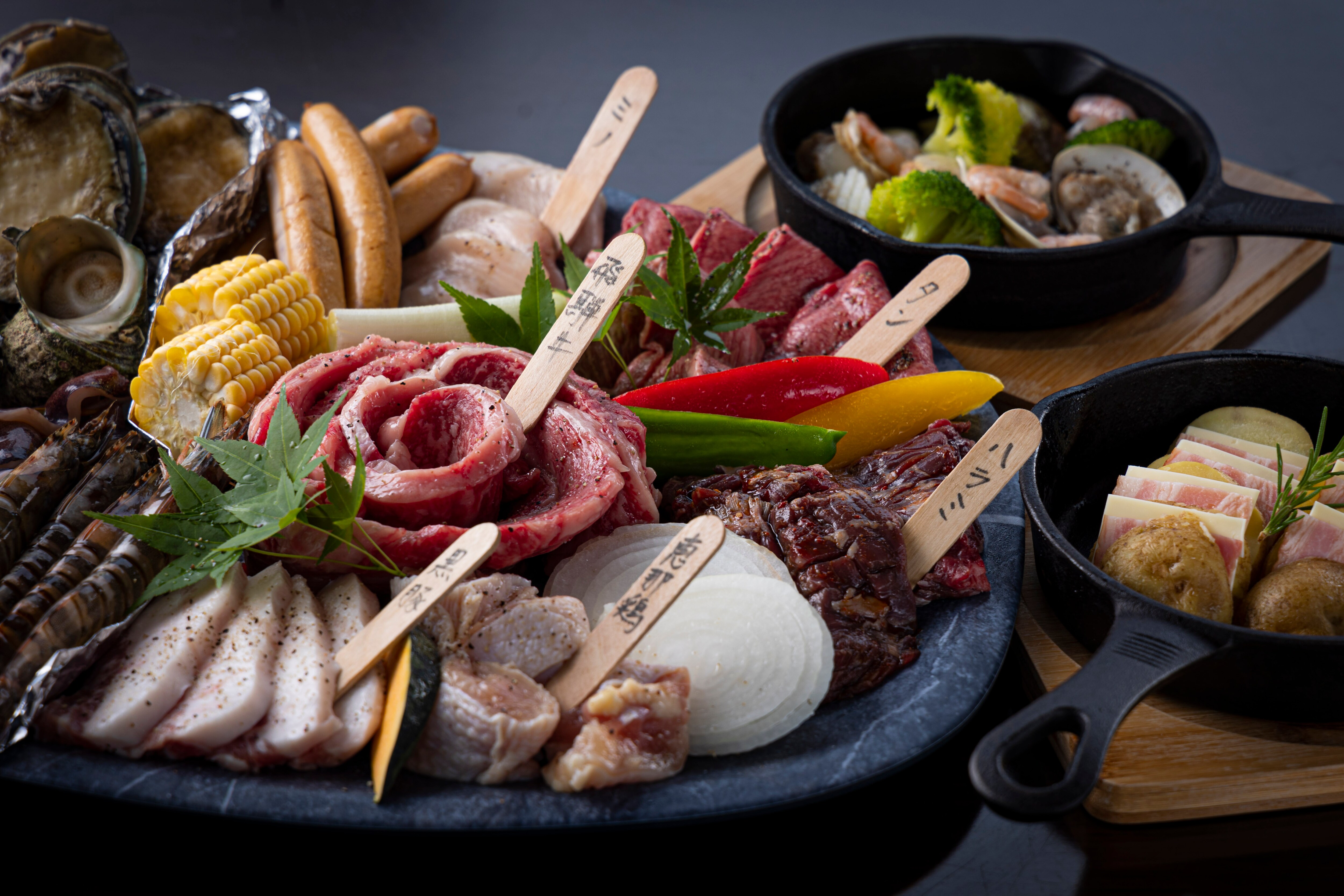A luxurious BBQ with meat and seafood