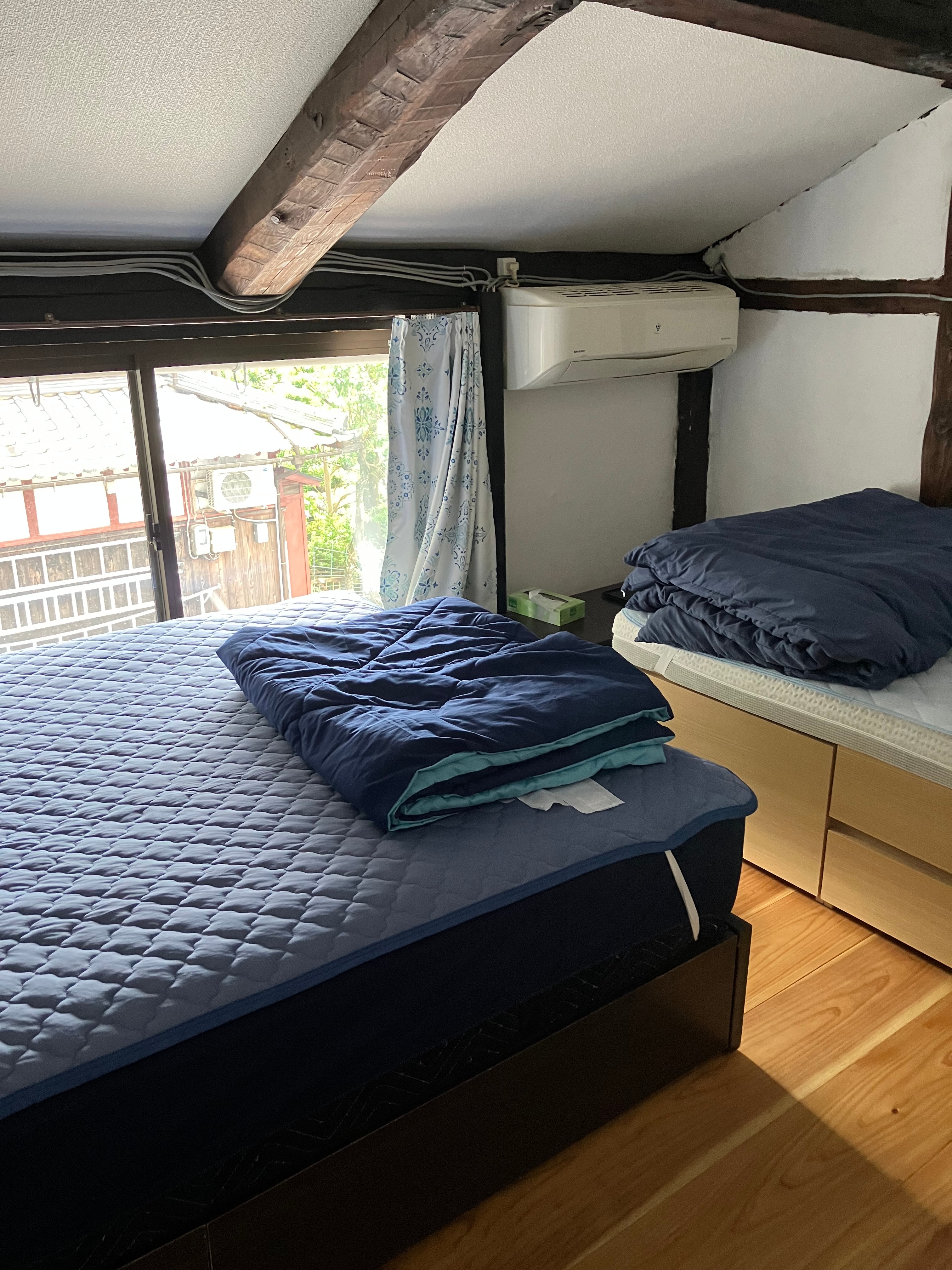 There is one double bed and one bed