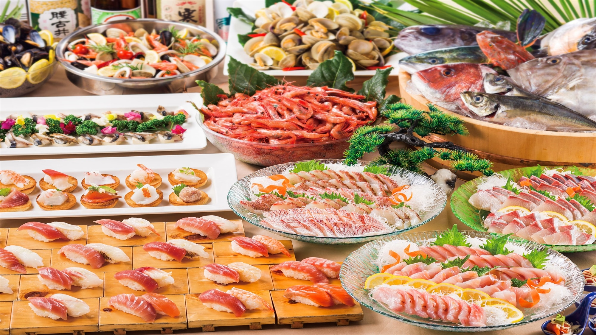 [บุฟเฟ่ต์มื้อค่ำ] บุฟเฟ่ต์อาหารทะเลหลากหลายชนิด ทั้งปลาซาซิมิและซูชิจากท้องถิ่น