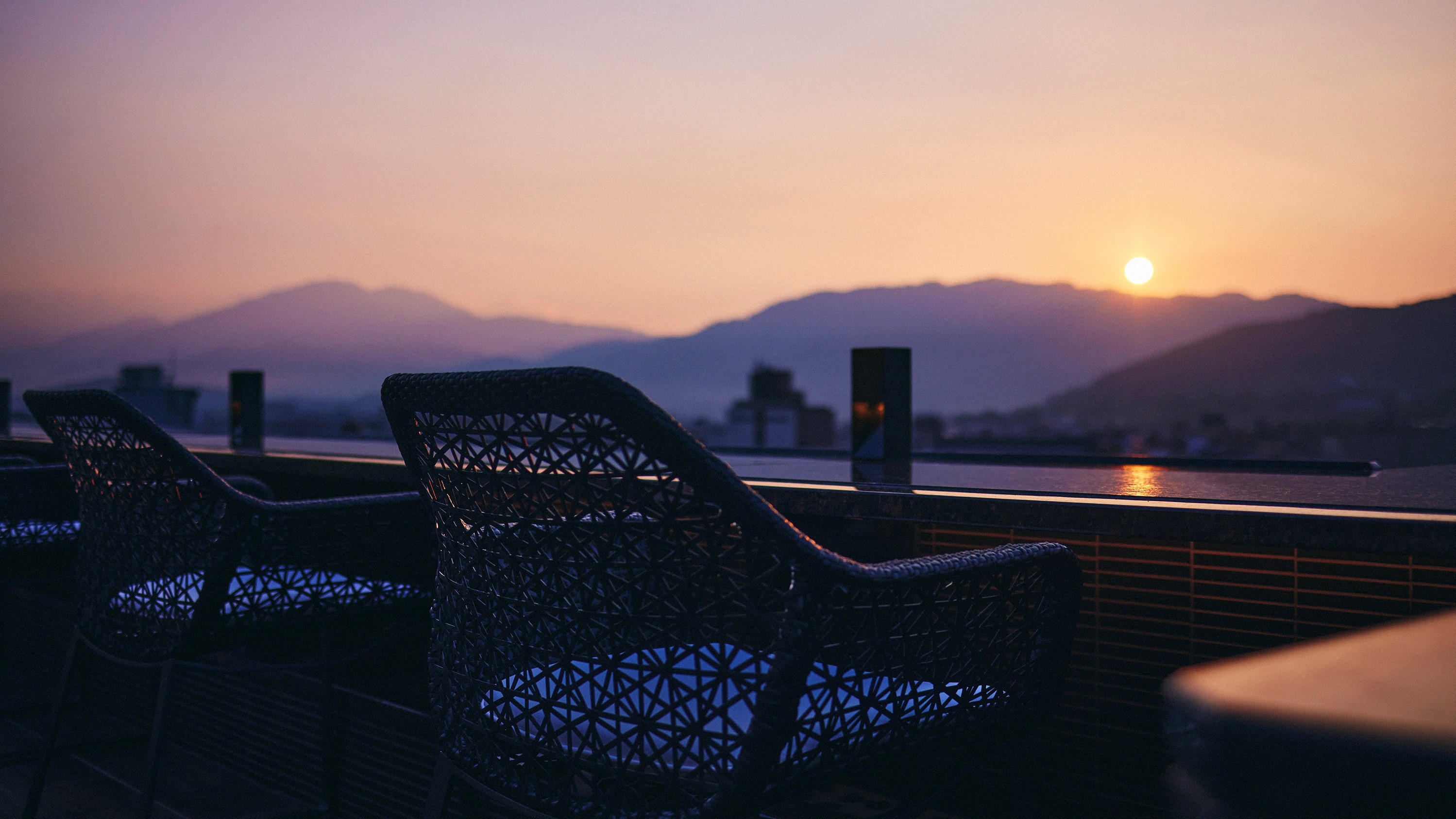 Sunset as seen from the rooftop lounge "Sora Niwa Terrace" The terrace is open from sunrise until midnight