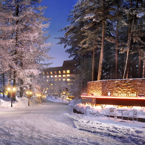 [Exterior / Winter] A snow resort surrounded by snow.